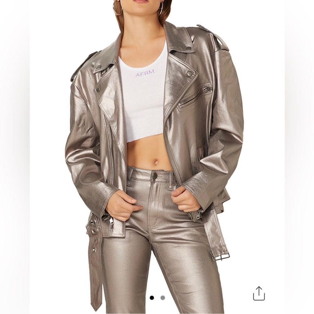 AFRM Blaise Metallic Denim Coated Oversized Moto Jacket.Sz XXS. NWT. MSRP $150.